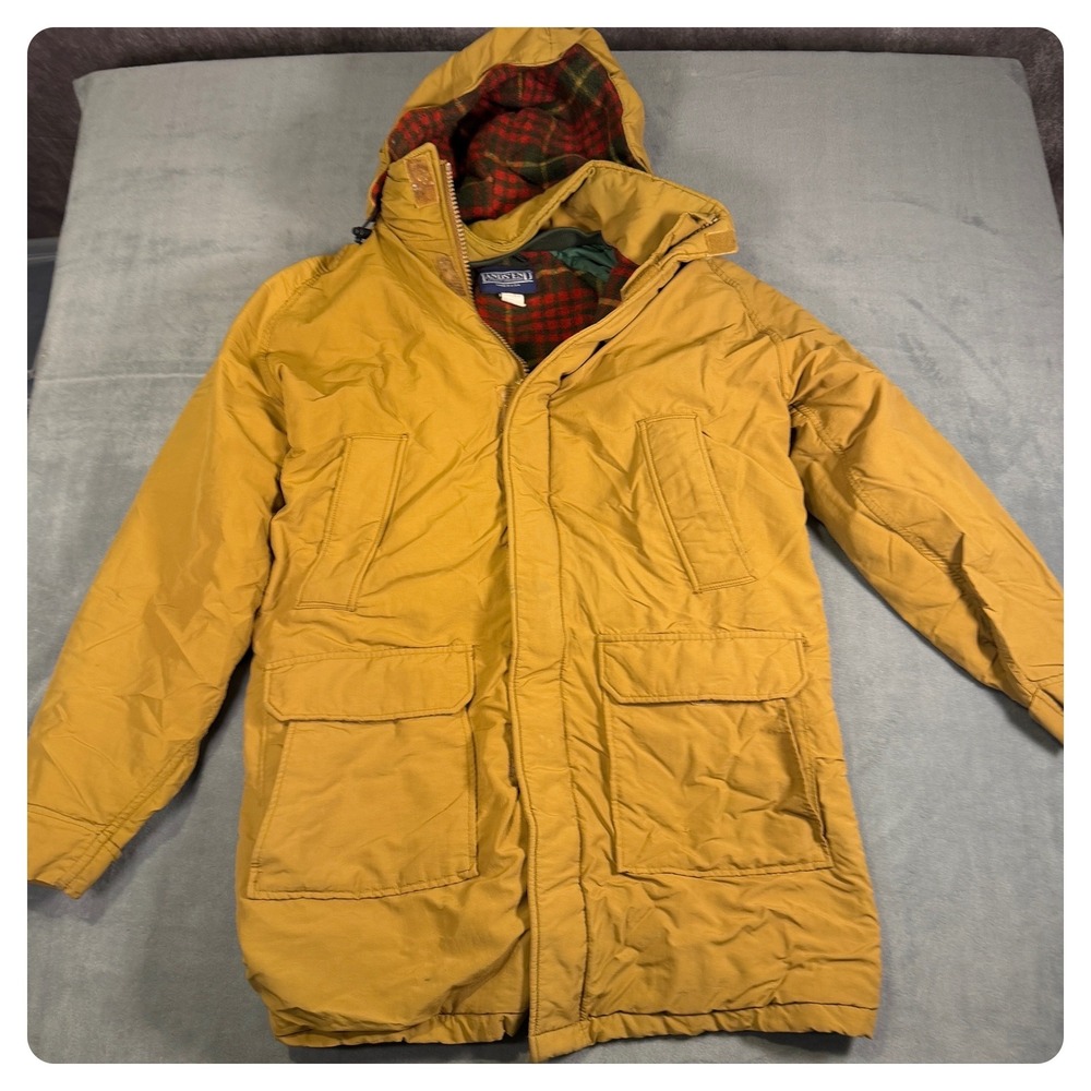 Vintage Lands End Mens Mustard Yellow Hooded Parka Lined Winter Coat M 38-40